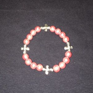 Pink pearl and silver cross bracelet